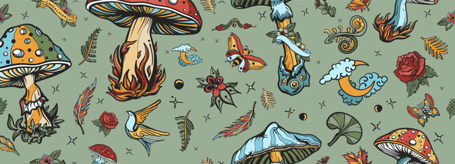 Mushrooms. Autumn forest. Old school tattoo vector seamless pattern