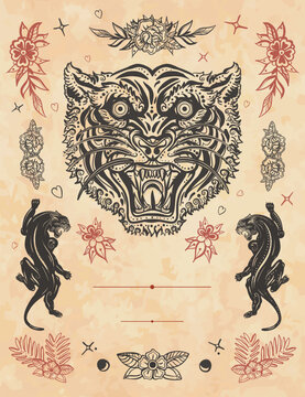Tiger head and panthers. Old school tattoo style. Art animals background. Medieval manuscript style. Cover page template