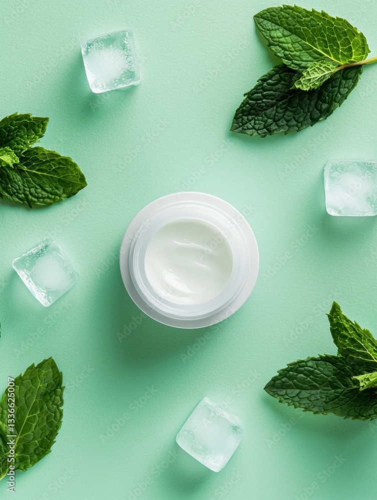 Poster flat lay of a white jar of cream on a light green background. the jar is placed in the center of the