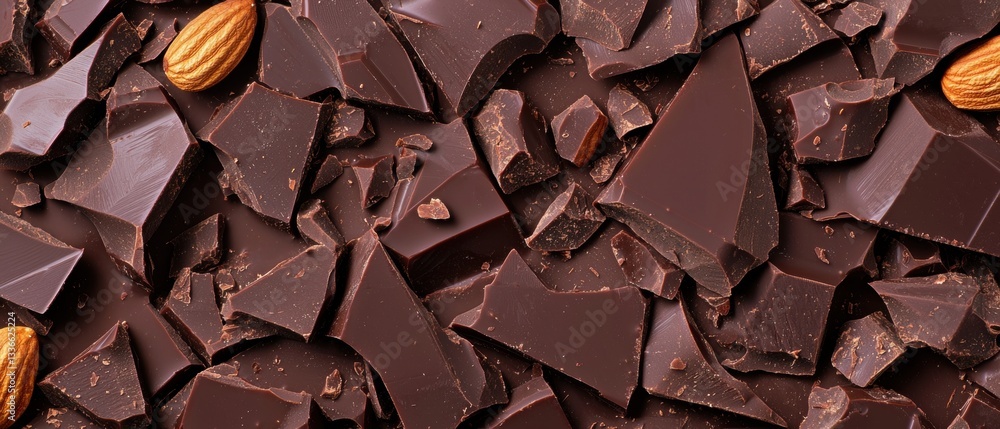 Poster close-up of a pile of dark chocolate pieces. the pieces are arranged in a scattered manner, with som