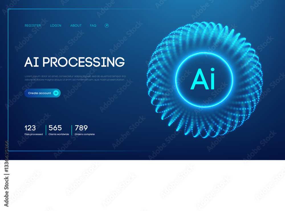 Poster ai processing technology with glowing futuristic spiral design on dark blue background, artificial i