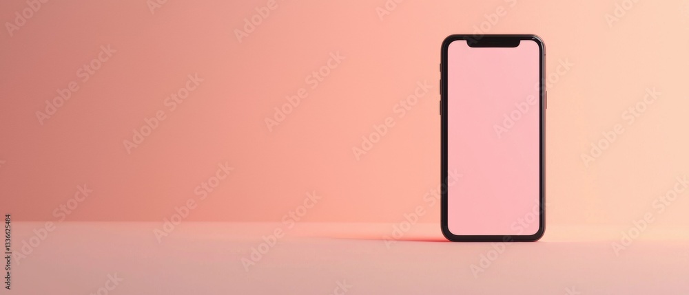 Poster black smartphone with a blank screen on a light pink background. the phone is positioned in the cent