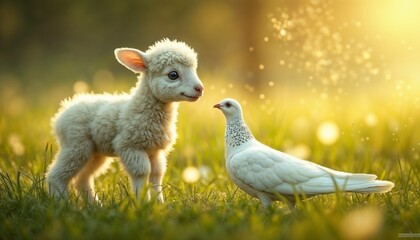 Naklejka premium Lamb and Dove Facing Each Other in Sunlit Grassy Field with Bokeh