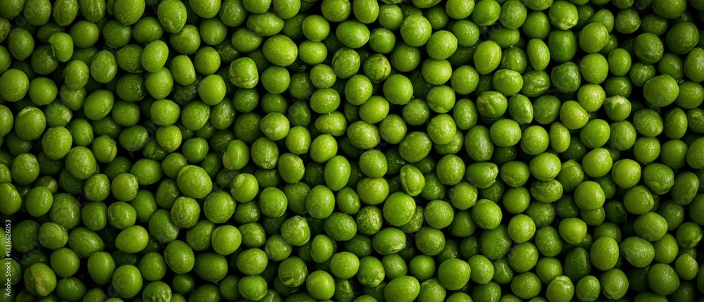 Poster close-up of a large number of small, round, green peas. the peas are arranged in a uniform pattern, 