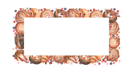 Watercolor frame of different buns, cinnamon sticks and watercolor spots
