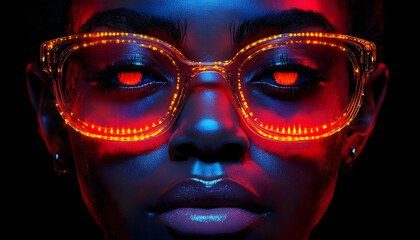 A close-up portrait of a person wearing illuminated glasses with vibrant colors against a dark background