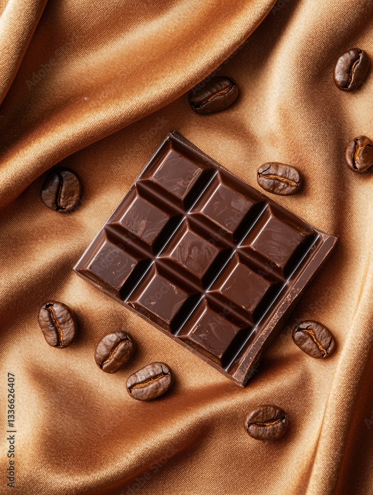 Poster rectangular chocolate bar lying on a golden satin fabric. the chocolate bar is dark brown in color a