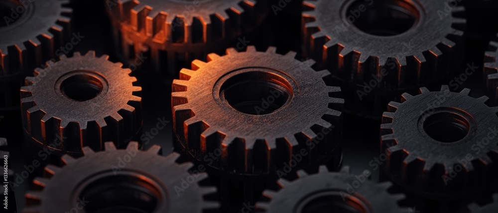 Poster group of multiple gears of different sizes and shapes. the gears are arranged in a scattered manner,