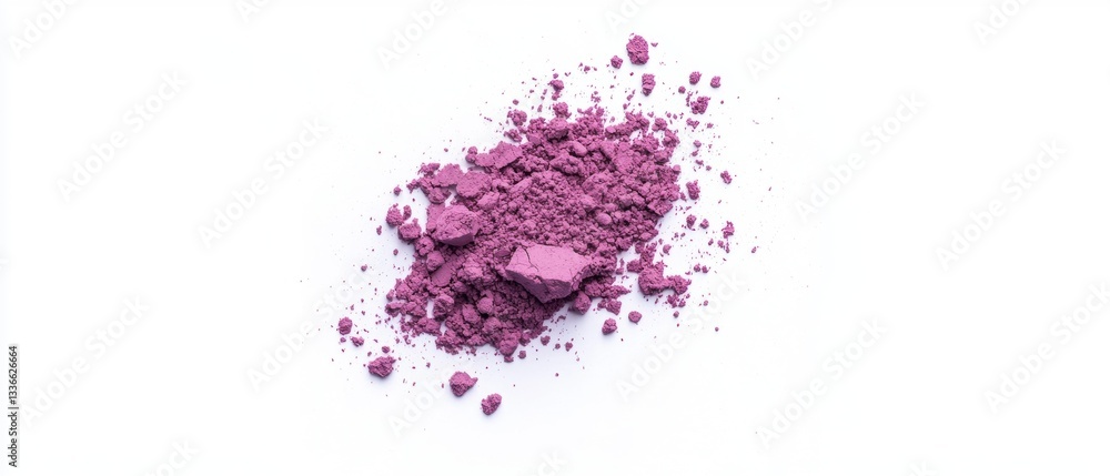 Poster close-up of a pile of small, irregularly shaped particles in a vibrant purple color. the particles a