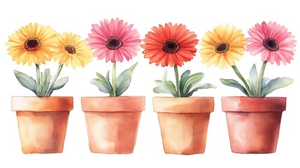 Watercolor Gerbera Daisies in Terracotta Pots