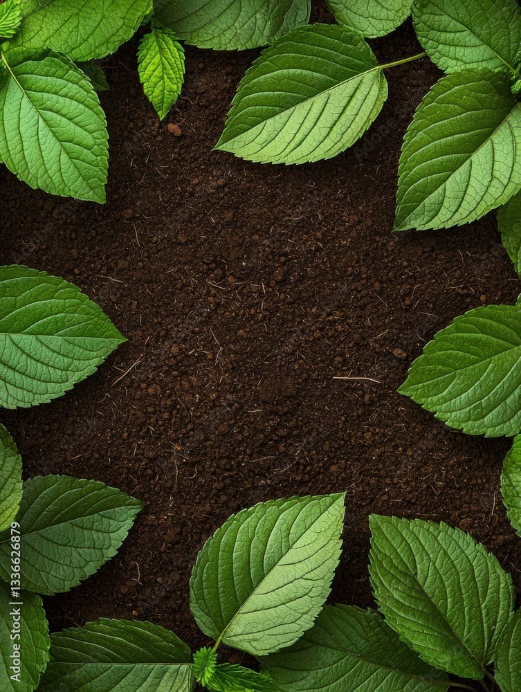 Poster close-up of a group of green leaves on a bed of soil. the leaves are arranged in a circular pattern,