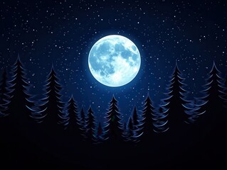 Fototapeta premium A serene night scene featuring a bright full moon over a forest of tall pine trees