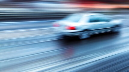 Blurred motion of a car speeding through a rainy urban street
