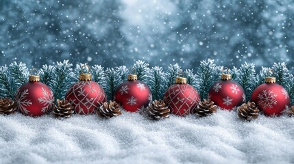 Festive Christmas ornaments in snow