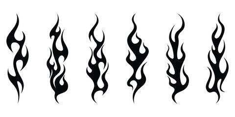 Silhouette Fire flames. Old school tattoo neo-tribal style or silhouette flame for cars. set vector icons. Fire sign. Fire flame icon isolated on white background. Vector illustration © THETO STUDIO