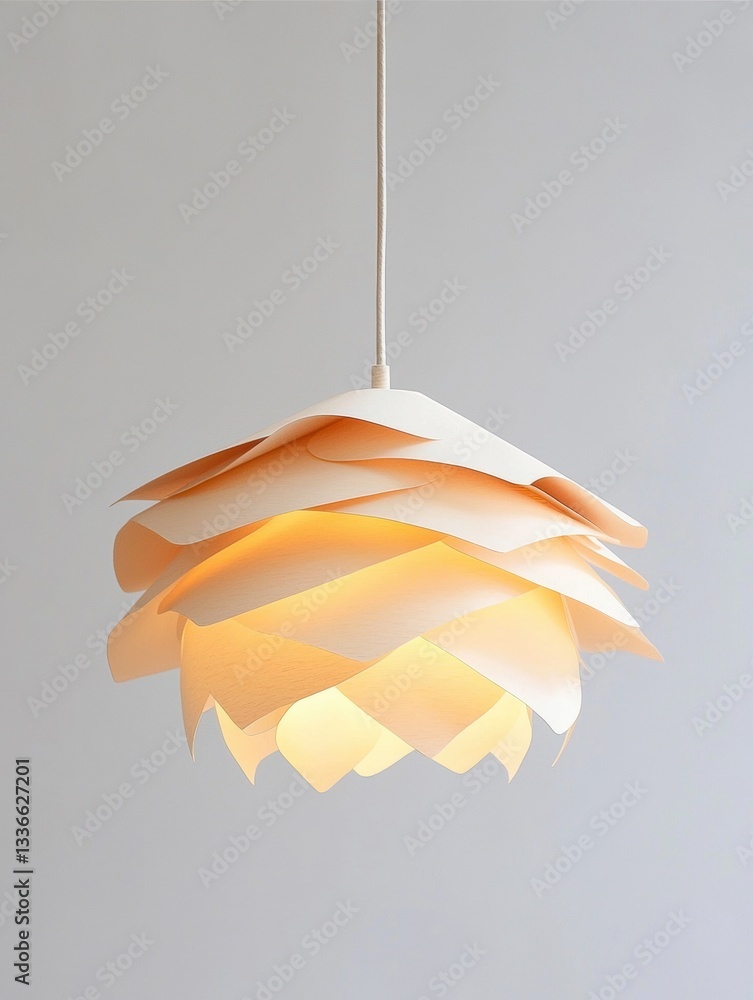 Poster photograph of a pendant light hanging from a white cord. the light is made up of multiple layers of 