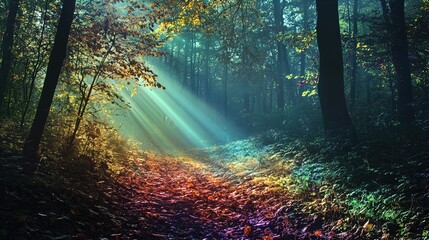 Obraz premium A tranquil forest scene captured during autumn, showcasing vibrant foliage with rays of sunlight penetrating through the trees. The forest path is adorned with colorful leaves, creating a mystical atm