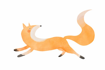 Cute Orange Fox Running. Funny Ginger Fox on a White Background.Vector Print with Hand Drawn Wild Animal. Kids' Room Decoration with Happy Fox. Woodland Print. 
