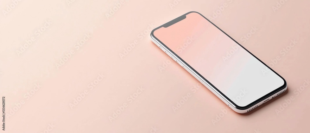 Fototapete 3d rendering of a smartphone lying on a light pink background. the phone is positioned in a way that