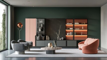 Modern living room, coral sofa, green wall, marble coffee table, window view