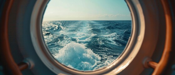 The view from the ship's porthole on a stormy sea with bright sunlight conveys a sense of adventure and freedom, perfect for travel, travel blogs and cruise advertising.