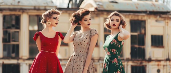 Three women in retro dresses on a city street, perfect for fashion blogs, vintage clothing ads or themed events.