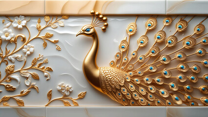Elegant 3D Gold Peacock Long Tile with Intricate Floral Design – Luxurious Decorative Art for Timeless Beauty and Sophistication
