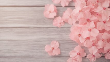 Fototapeta premium Delicate pink blossoms scattered on light wooden surface, perfect for spring themes, creative projects, or floral designs.