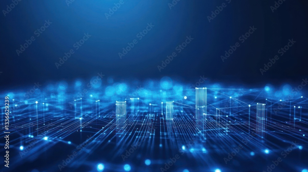 Poster abstract digital landscape with glowing lines and structures in blue