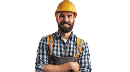 Smiling construction worker with arms crossed on transparent background
