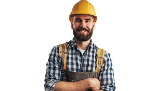 Smiling construction worker with arms crossed on transparent background