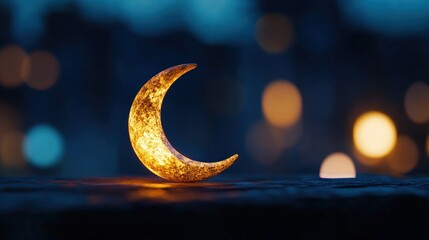 Glowing crescent moon on dark surface