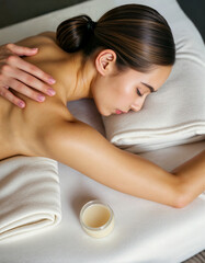 Obraz premium A woman is laying on a bed with a bottle of lotion next to her