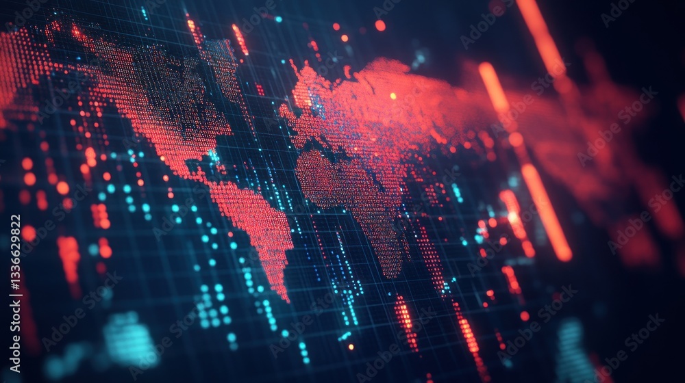 Poster abstract digital world map with vibrant red and blue data visualization
