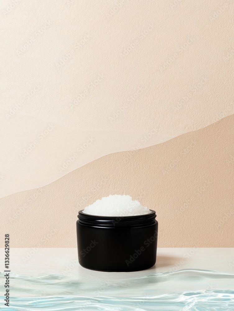 Poster black jar of white sugar on a light pink background. the jar is placed on a white surface with a wav