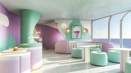 Pastel cruise ship cafe; ocean view; pastries; seating