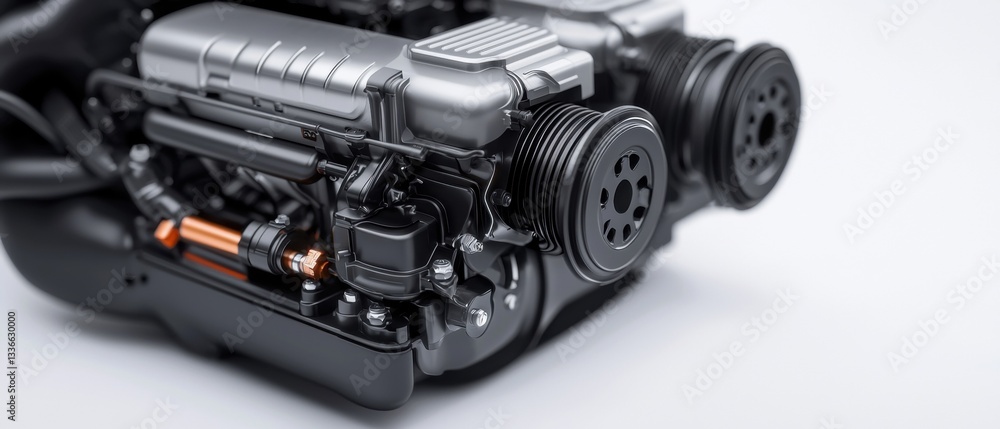 Poster Close-up of a car engine. the engine is black and silver in color and appears to be made of metal. it has a cylindrical shape with a flat top and a flat bottom.