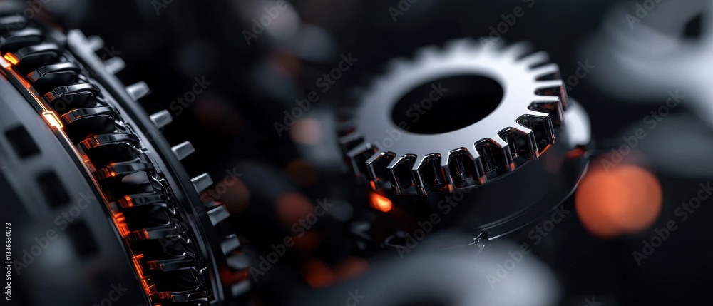 Poster close-up of a group of gears and cogs. the gears are black and silver in color and appear to be made