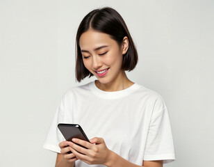 Fototapeta premium A woman is smiling while looking at her cell phone