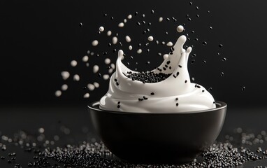 Rich black sesame yogurt splash with sesame seeds, isolated on a deep charcoal background