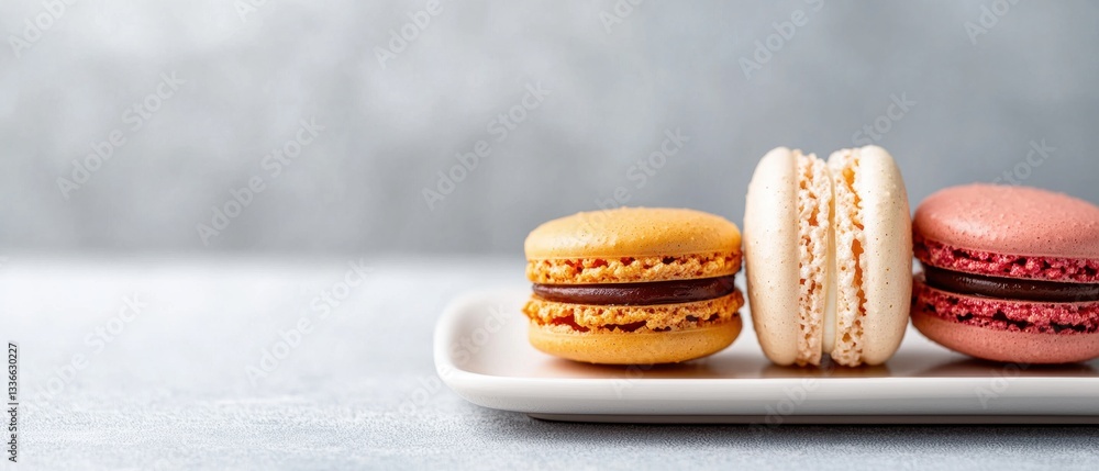 Poster three macarons on a white rectangular plate. the plate is placed on a light grey background with a s