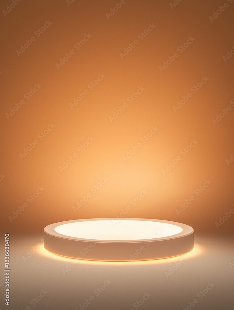 Poster 3d rendering of a circular light fixture. the light is turned on and is emitting a warm orange glow.