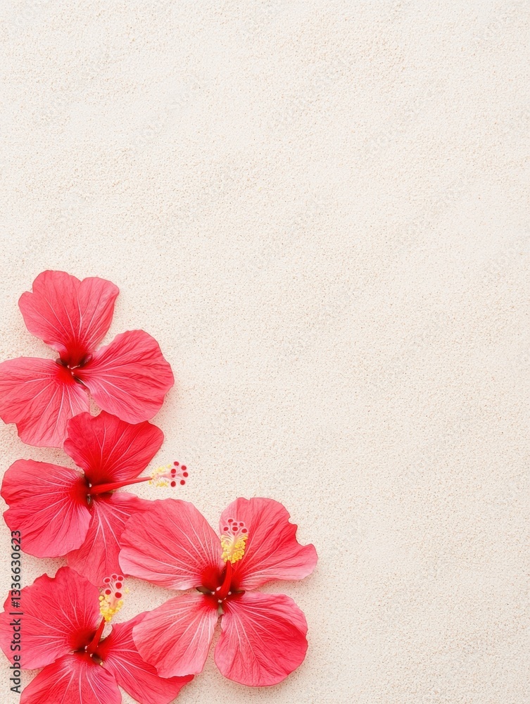 Poster flat lay of three red hibiscus flowers on a beige background. the flowers are arranged in a triangul