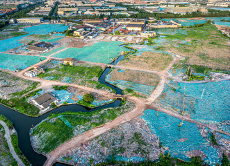 Aerial view of rural landscape and river near the city in Ningbo, China