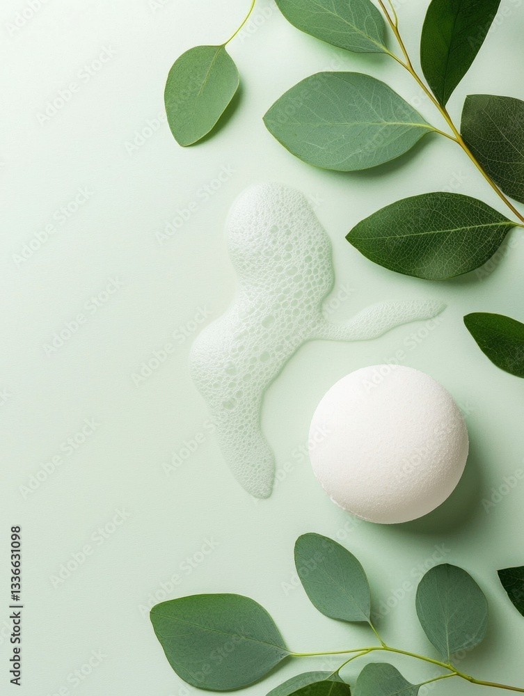 Poster flat lay composition with a light green background. on the left side of the image, there are several