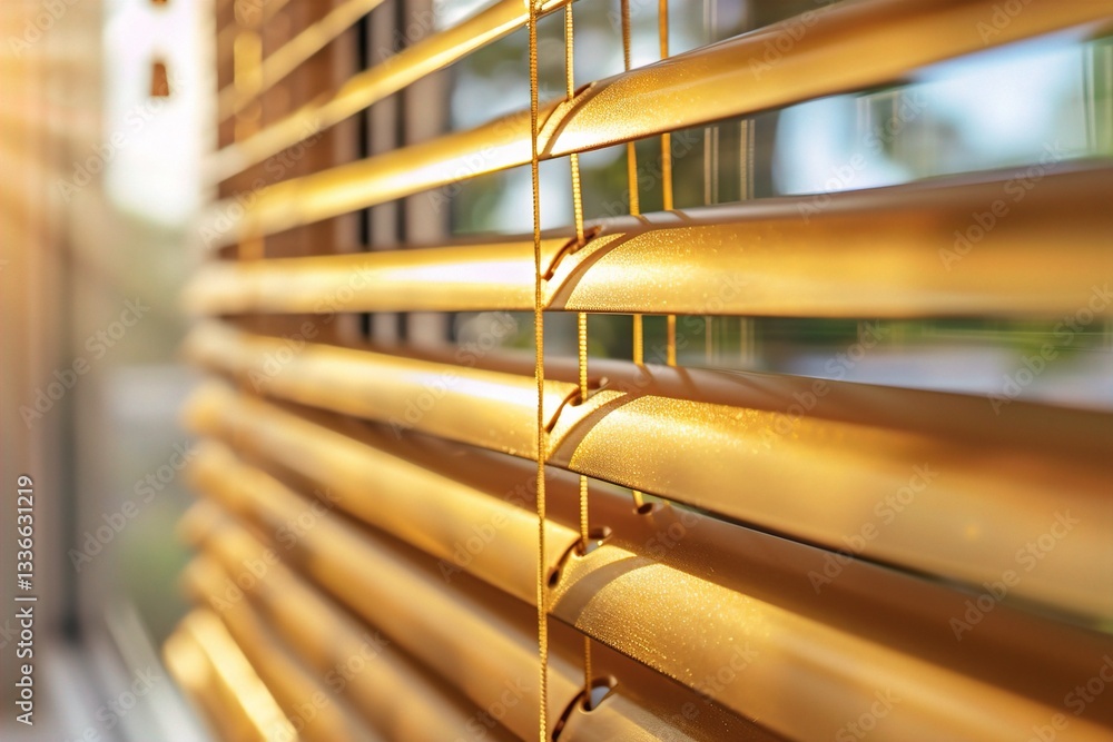 Poster close-up of golden blinds illuminated by soft sunlight, creating a warm and inviting atmosphere. bli