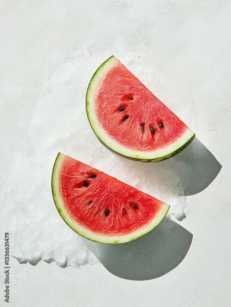 Fototapete two slices of watermelon on a bed of white ice. the watermelon slices are arranged in a way that the