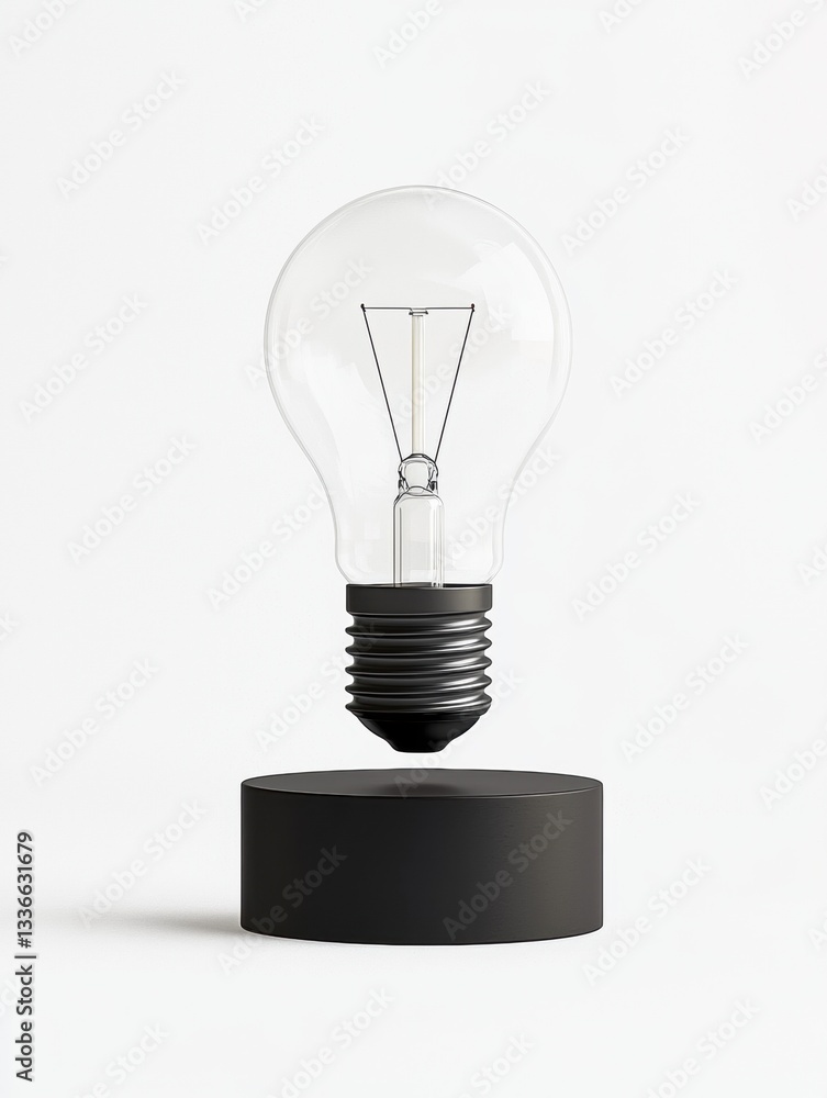 Poster 3d rendering of a light bulb on a black base. the light bulb is round and has a clear glass dome wit