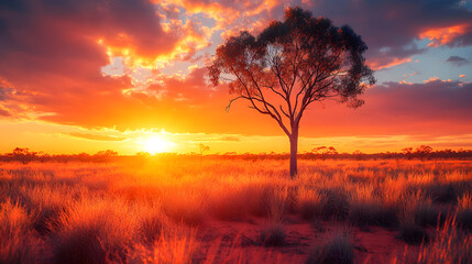 Obraz premium Photography of the vast Australian Outback, showcasing the vibrant red sands and rugged terrain, with a lone eucalyptus tree standing against a brilliant orange sunset sky.
