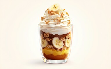 Tropical banana coconut parfait, isolated on a creamy white background